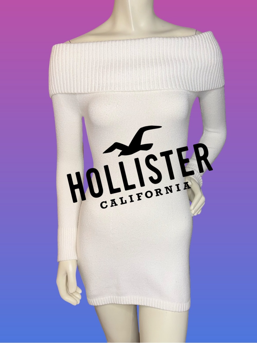 Hollister Off-Shoulder White Ribbed Sweater Mini Dress